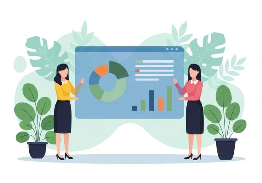 Business women presenting analytics and data visualization on screen with charts and graphs in office setting