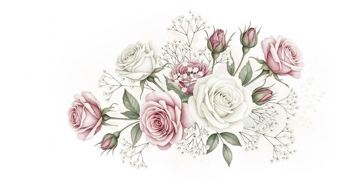 Watercolor roses and babys breath arrangement on a white background - Powered by Adobe