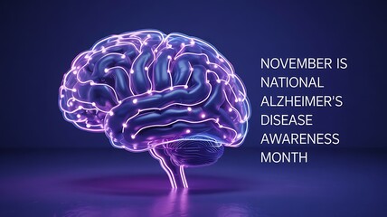 Glowing abstract brain with interconnected neural pathways symbolizing alzheimer s disease awareness during november