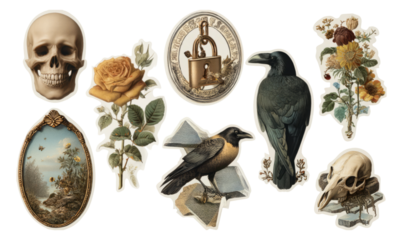 Vintage Collage of Natural Elements and Artistic Objects with Skull and Raven