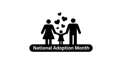 Symbolic silhouette of a loving family with a child between parents surrounded by hearts celebrating national adoption month