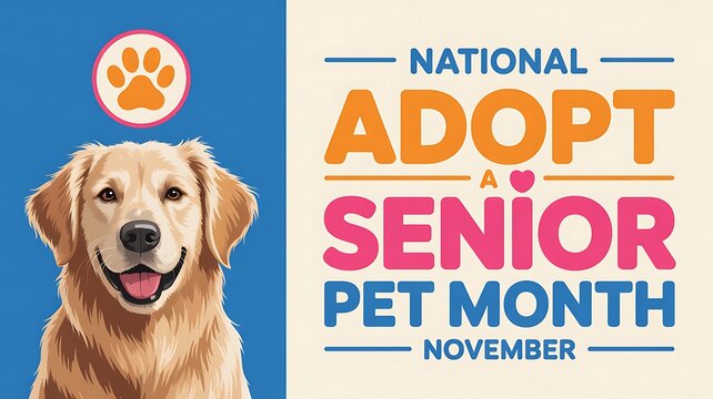 Happy golden retriever dog smiling for national adopt a senior pet month in november celebration - Powered by Adobe