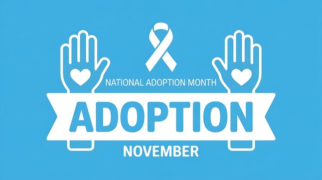 National adoption month november graphic with open hands hearts and awareness ribbon symbolizing love and family building
