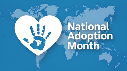 National adoption month concept with a white heart and blue handprint overlaying a muted world map background