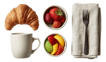 Breakfast with Croissant, Fresh Fruit and Coffee on Isolated Transparent Background