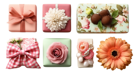 Colorful and Decorative Gift Boxes with Floral Accents on Transparent Background