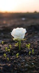 A delicate white flower blooming in the soil during sunset with small green sprouts surrounding it, symbolizing growth and new beginnings in a natural setting