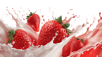 Strawberries splash in swirling milk, close-up, bright, high contrast
