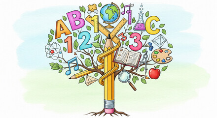 Creative Handdrawn Tree of Knowledge with School Subject Icon Set