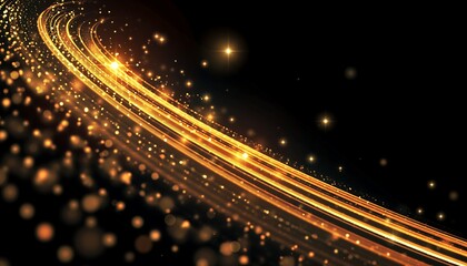 Abstract glowing golden light trails curving through dark space with sparkling bokeh effects and bright star like flares