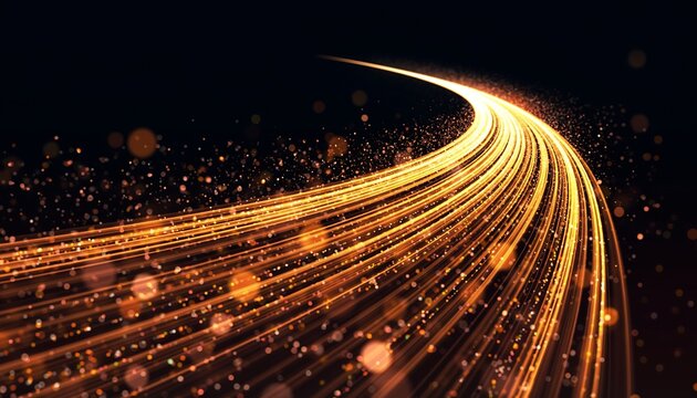 Abstract visualization of fast moving golden light trails curving through a dark cityscape at night representing data transfer and speed