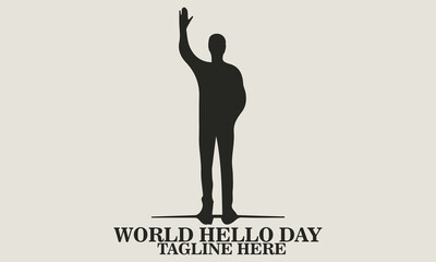 Black silhouette vector of a standing man raising one arm to wave, wearing casual clothing with long sleeves, seen from the front, clean white background. world hello day
