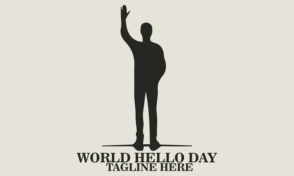 Black silhouette vector of a standing man raising one arm to wave, wearing casual clothing with long sleeves, seen from the front, clean white background. world hello day
