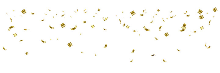 A festive cascade of shiny, metallic gold foil confetti pieces, curled and falling in a wide celebratory banner. © Kay