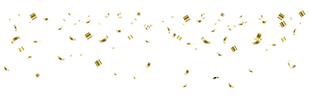 A festive cascade of shiny, metallic gold foil confetti pieces, curled and falling in a wide celebratory banner.