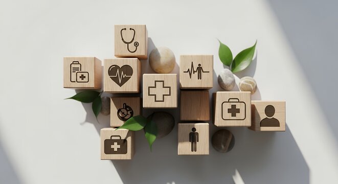 Wooden blocks with healthcare icons and green leaves, symbolizing holistic health and medical services. - Powered by Adobe