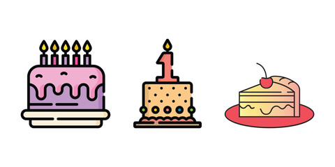 Birthday Cake Vector and Icon Collection – Sweet Dessert, Party Celebration, and Festive Cake Illustrations for Design and Decoration