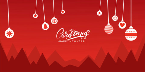 Red Christmas greeting banner with white hanging ornaments and elegant script typography.