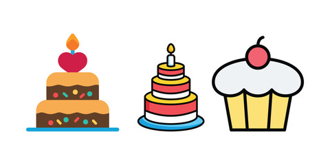 Birthday Cake Vector and Icon Collection – Sweet Dessert, Party Celebration, and Festive Cake Illustrations for Design and Decoration