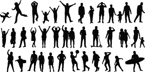 Human silhouettes vector, people activity icons, walking dancing jumping, interactive poses chart, lifestyle movement drawing, cad drawing flat vector illustrationt