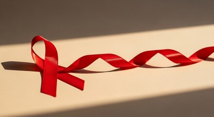 Red ribbons twist A symbolic dance of awareness under soft highlighting rays