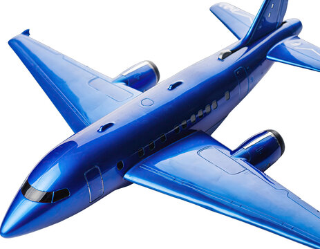 Sleek Metallic Blue Jet Airplane Flying Against A Transparent Background With Detailed Windows And Engines