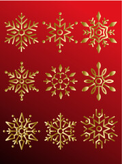 A collection of nine unique golden snowflakes with intricate geometric patterns and a metallic sheen.