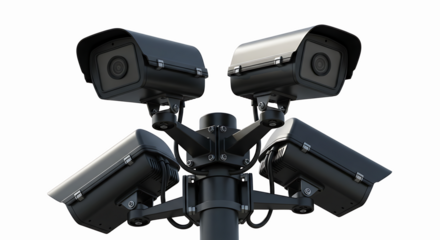 Surveillance Security Cameras On Pole Mounted On Transparent Background Png Cutout