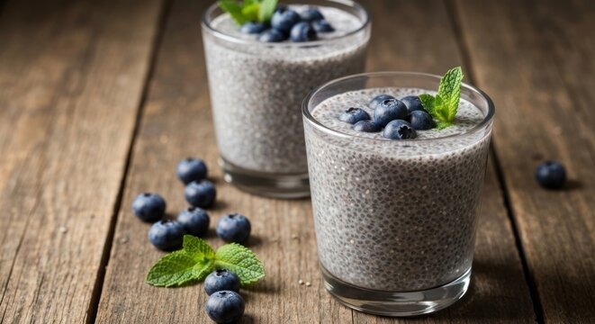 Two glasses of chia seed pudding topped with blueberries on wood