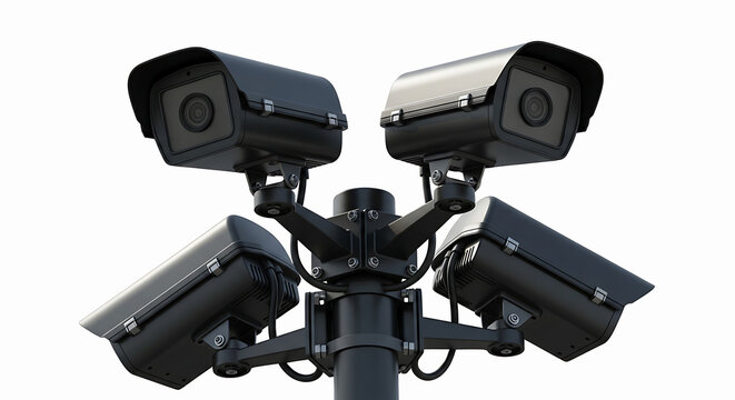 Surveillance Security Cameras On Pole Mounted On Transparent Background Png Cutout