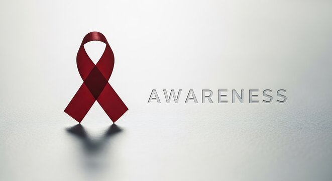 Somber awareness A red ribbons shadow meets the carved word on a matte surface