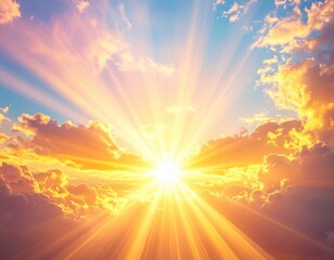 A vibrant sunrise illuminates the sky with golden rays piercing through fluffy clouds, creating a serene and uplifting atmosphere.