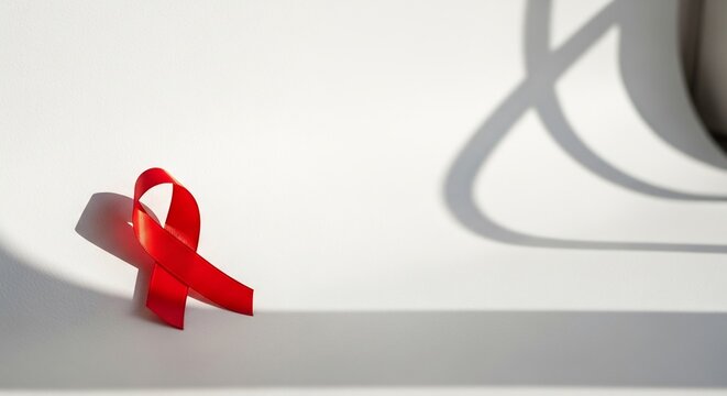 Symbolic stand Red ribbon against white wall shadow play evokes remembrance