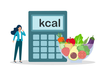 Сalories count concept vector illustration. Woman standing with calculator and salad.