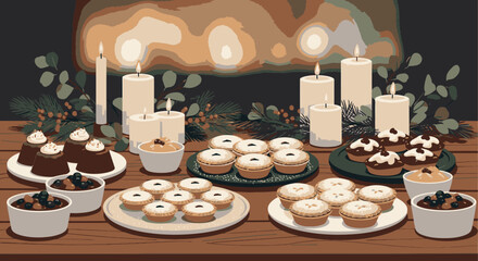 Festive table with candles and plates of mince pies and other desserts.