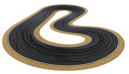 Race track featuring dramatic sharp curve with visible tire skid marks isolated on white background. Suitable for marketing or business purposes. PNG file