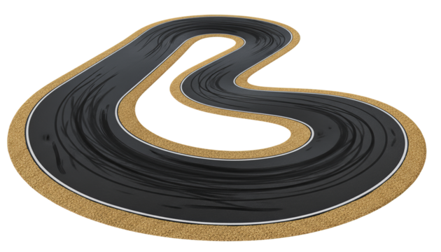 Race track featuring dramatic sharp curve with visible tire skid marks isolated on white background. Suitable for marketing or business purposes. PNG file