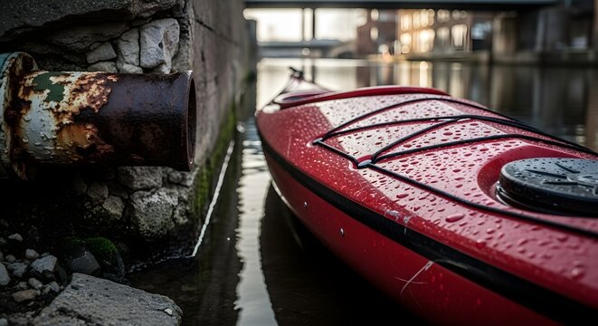Red Kayak with Water Droplets Docked Near Rusted Pipe Under Bridge