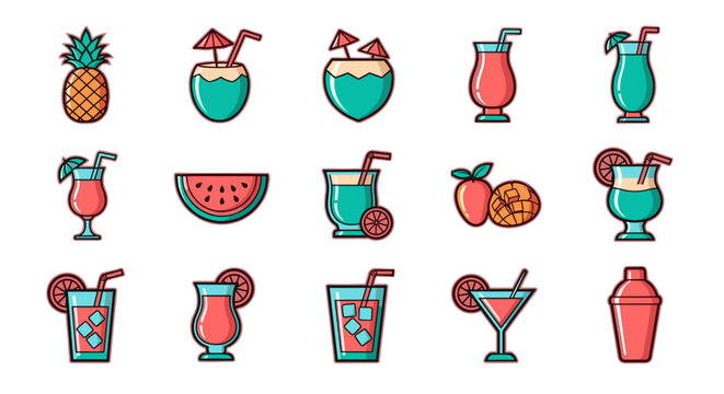 Vibrant tropical drinks and fruits create a refreshing summer party vibe