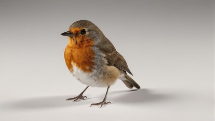 Small European Robin Bird with Orange Breast Standing on a White Background.