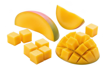 Sweet tropical mango fruit cut pieces set isolated on transparent background
