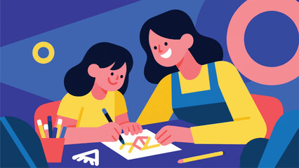 Illustration Of A Mother Teaching Her Daughter To Study Vector Design Template