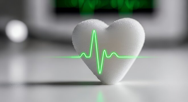 Heart-shaped sugar cube with green ECG line, symbolizing diabetes, heart disease, and sugar's impact on health.