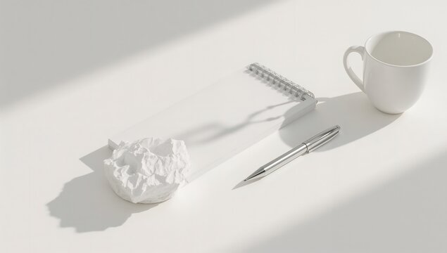 White Table With Notebook Pen And Mug Still Life - Powered by Adobe