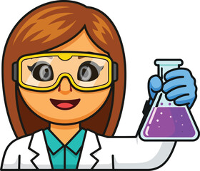 Cartoon scientist woman holding flask with purple liquid