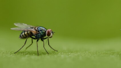 Close-up of a common housefly on a vibrant green surface.