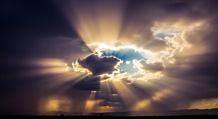 A dramatic sky scene with the sun's rays piercing through dark clouds during sunset or sunrise, creating a striking and luminous display in the atmosphere