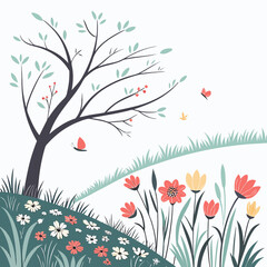 Whimsical springtime landscape with a bare tree colorful flowers and fluttering butterflies on a gentle hill