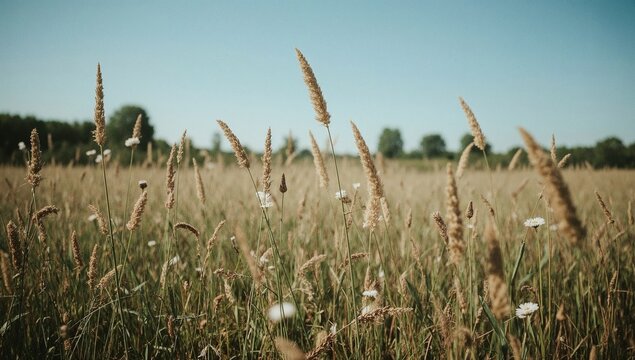 Golden Meadow With Wheat And Wildflower Blossoms
