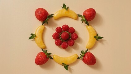 Vivid Fruit Composition Of Bananas Strawberries Raspberries